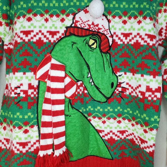 33 Degrees Dinosaur T-Rex Sweater Kids Size Medium 10/12 Red & Green - Picture 2 of 6